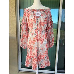 NWT womens pink white floral dress off-the-shoulder waist-tie loose LARGE